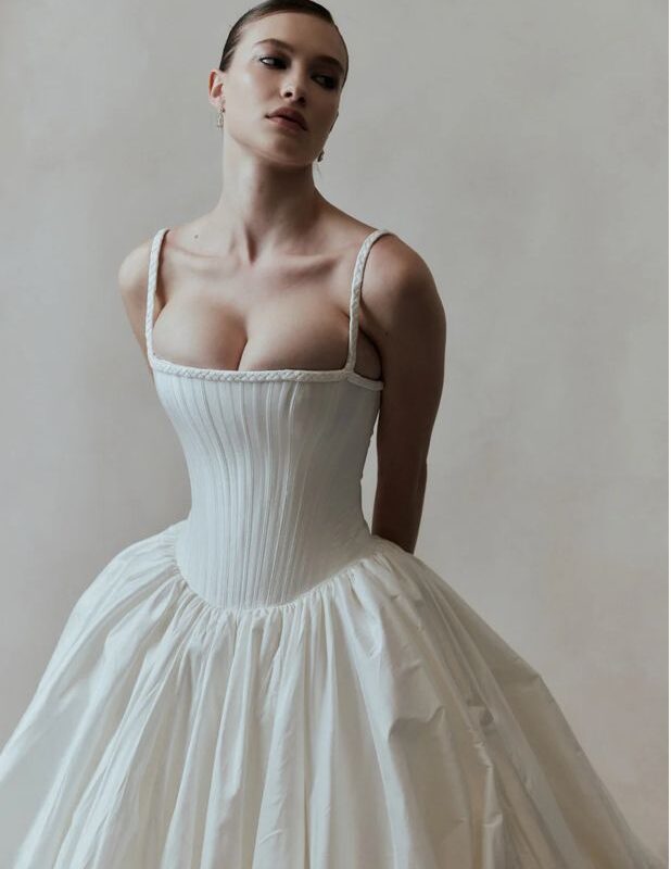 Floure Studio Couture wedding gown with pleated bodice and A-line ballgown skirt