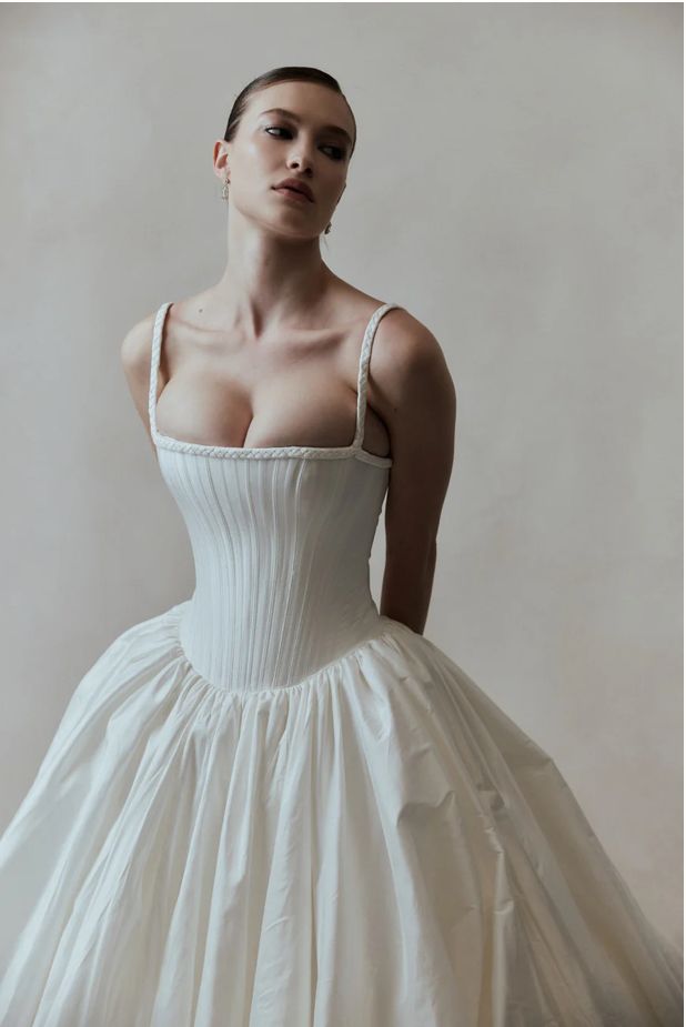 Floure Studio Couture wedding gown with pleated bodice and A-line ballgown skirt