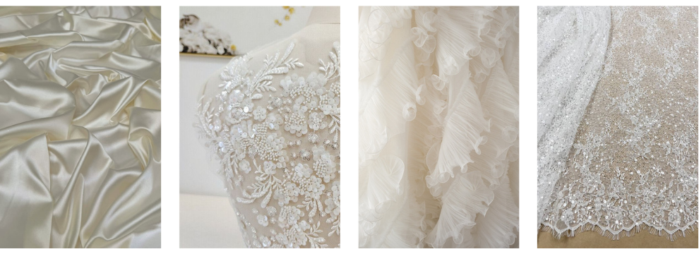 Close-up details of luxury wedding dress fabrics including ivory satin, hand-beaded floral lace appliqué, ruffled organza, and heavily embellished beaded tulle