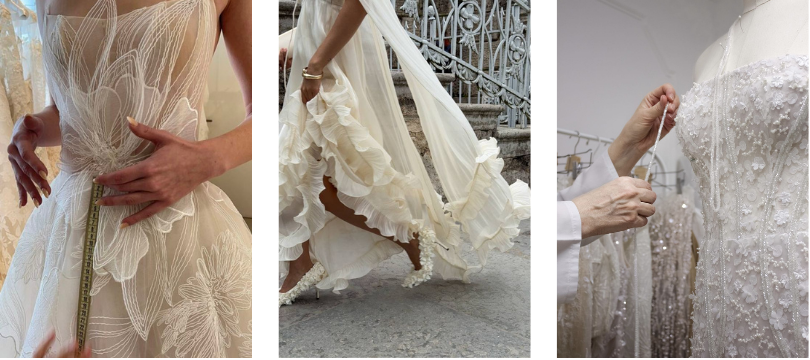 Wedding dress atelier details showing a seamstress measuring an embroidered floral bodice, ruffled chiffon skirt with pearl trim on stone steps, and hands adding delicate beading to a heavily embellished bridal gown.