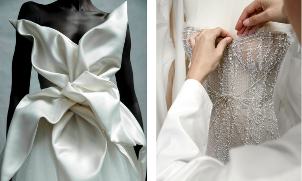 Sculptural white satin wedding gown with dramatic bow and draped bodice, alongside a close-up of hands fitting a heavily beaded and pearl-encrusted corset bodi…Sculptural white satin wedding gown with dramatic bow and draped bodice, alongside a close-up of hands fitting a heavily beaded and pearl-encrusted corset bodice on a dress form