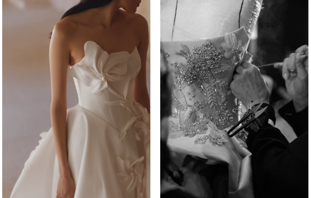  Strapless wedding gown with sculptural bow and petal details on the bodice, alongside a close-up of a bridal artisan hand-beading crystal and floral embroidery onto a wedding dress