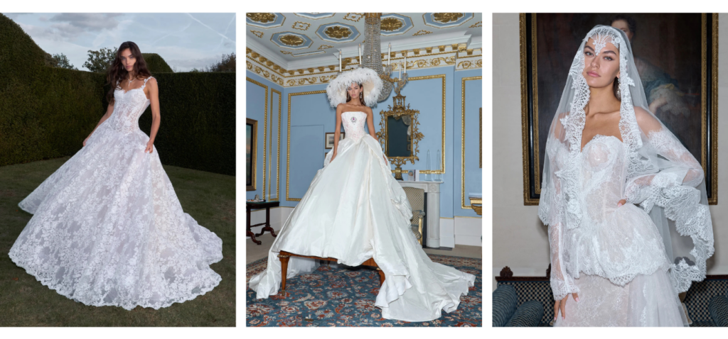 Three luxury wedding gowns showcasing intricate lace appliqué ball gown, structured satin ballgown with dramatic train, and a lace bridal separates with mantilla veil
