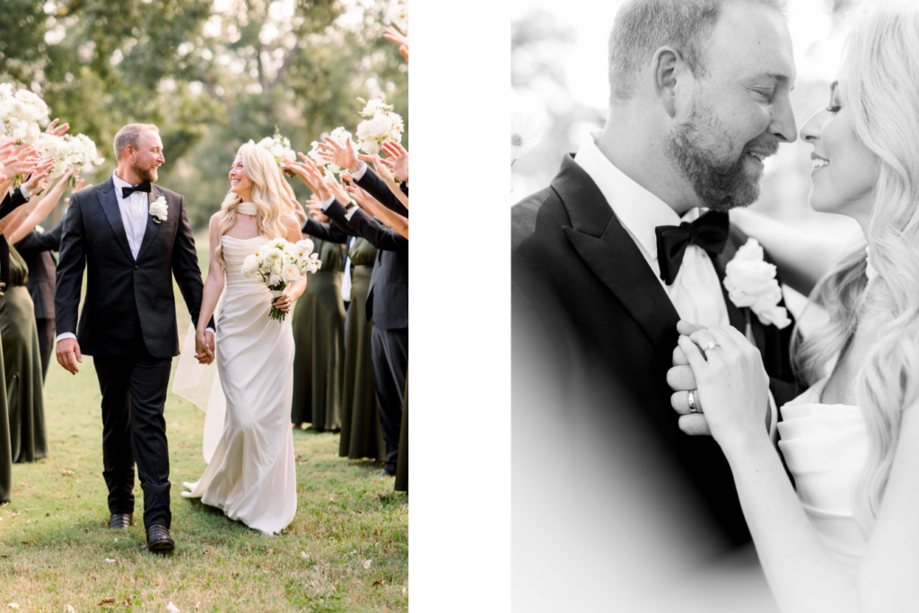 Bride in a sleek white column gown walks hand-in-hand with her groom through a bouquet tunnel formed by their wedding party, with a black-and-white close-up portrait of the couple smiling together