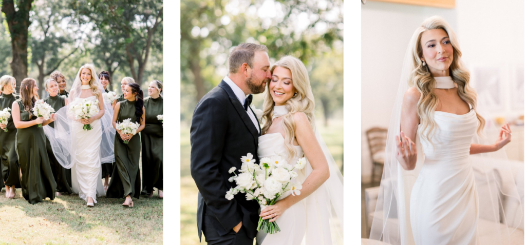 Claude responded: Bride Ashley VanZant in a sleek white column gown and cathedral veil walking with her bridesmaids in olive green dresses; the couple sharing a tender moment ou…Bride Ashley VanZant in a sleek white column gown and cathedral veil walking with her bridesmaids in olive green dresses; the couple sharing a tender moment outdoors; and a close-up portrait of Ashley in her gown holding a champagne glass