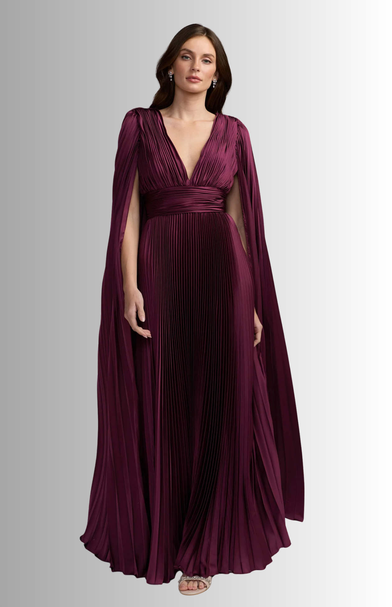MacDuggal Pleated Charmeuse V Neck Gown With Cape