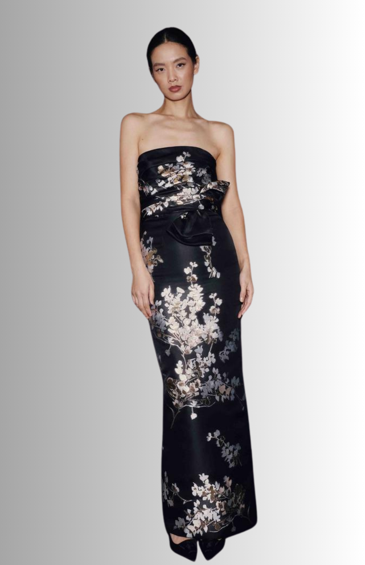 Aubrey+Brooks Black, White and Gold Strapless Gown with detachable overskirt