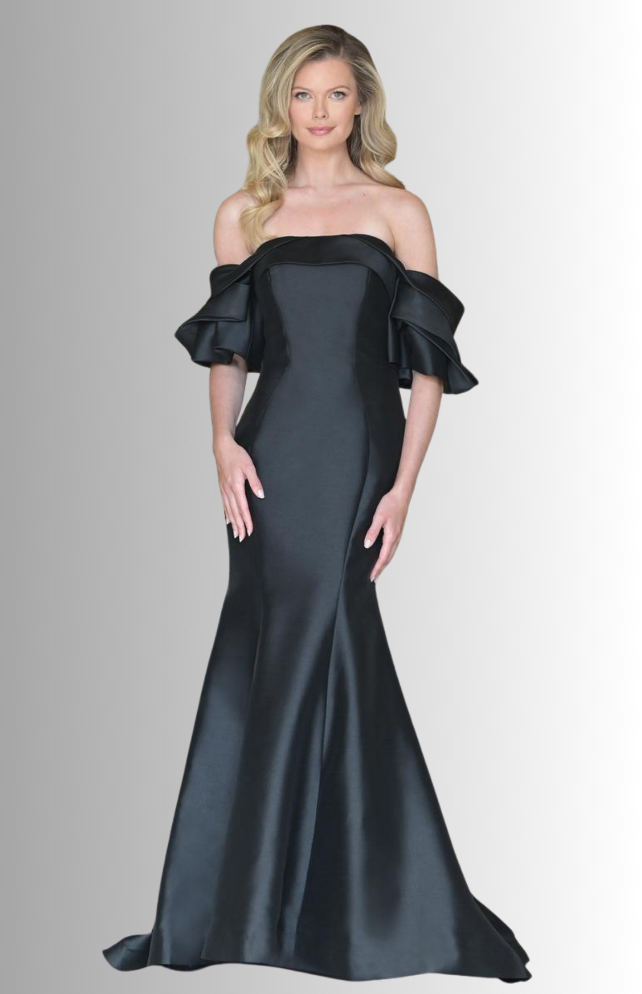 Marsoni Fit and flair evening gown with off the shoulder pleated puff sleeves Available in Black, Amethyst, Emerald, Fuchsia, Tiffany and Royal.